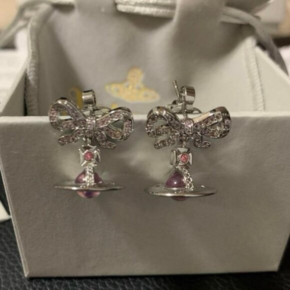 Vivienne Westwood Jewelry - Vivienne Westwood Drop Ribbon Orb Earrings Silver Pink Jewelry In Box/Drawstring
